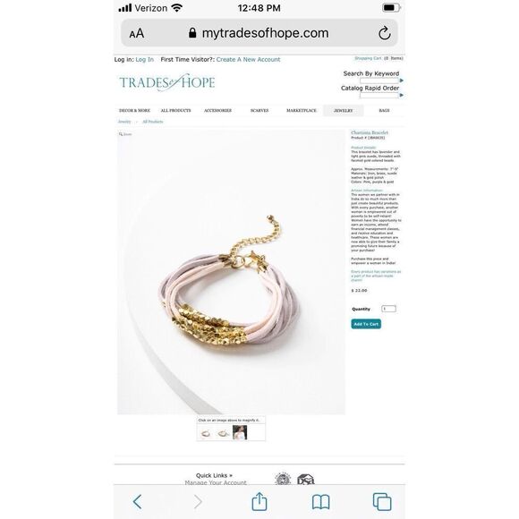 Trades of Hope‎ Pink Lavender Suede Gold Bead Bracelet NWT - Picture 8 of 8